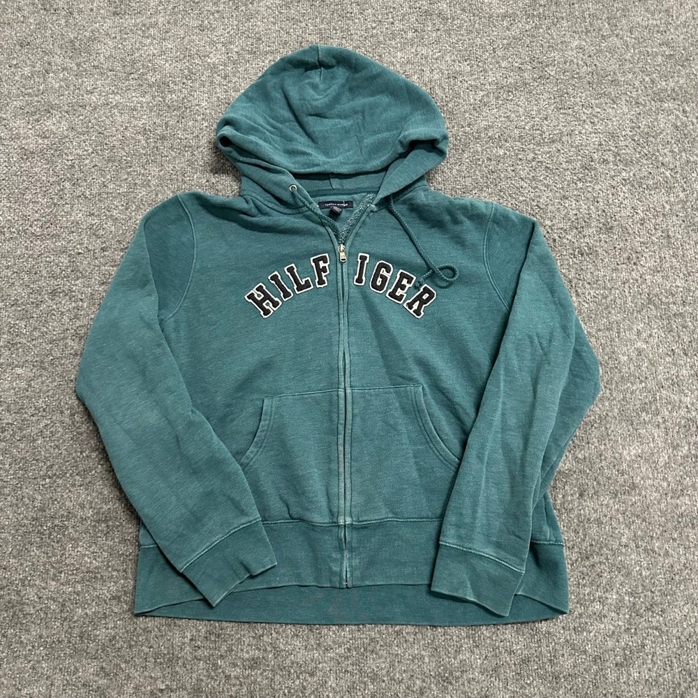 Tommy Hilfiger Hoodie Womens Size XL Teal Green Full Zip Spellout Logo Casual